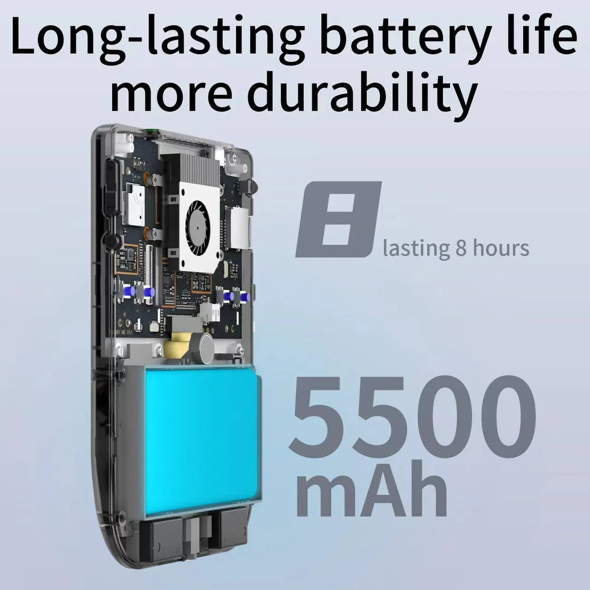 Battery pack with electronic components and text highlighting long-lasting battery life and durability.