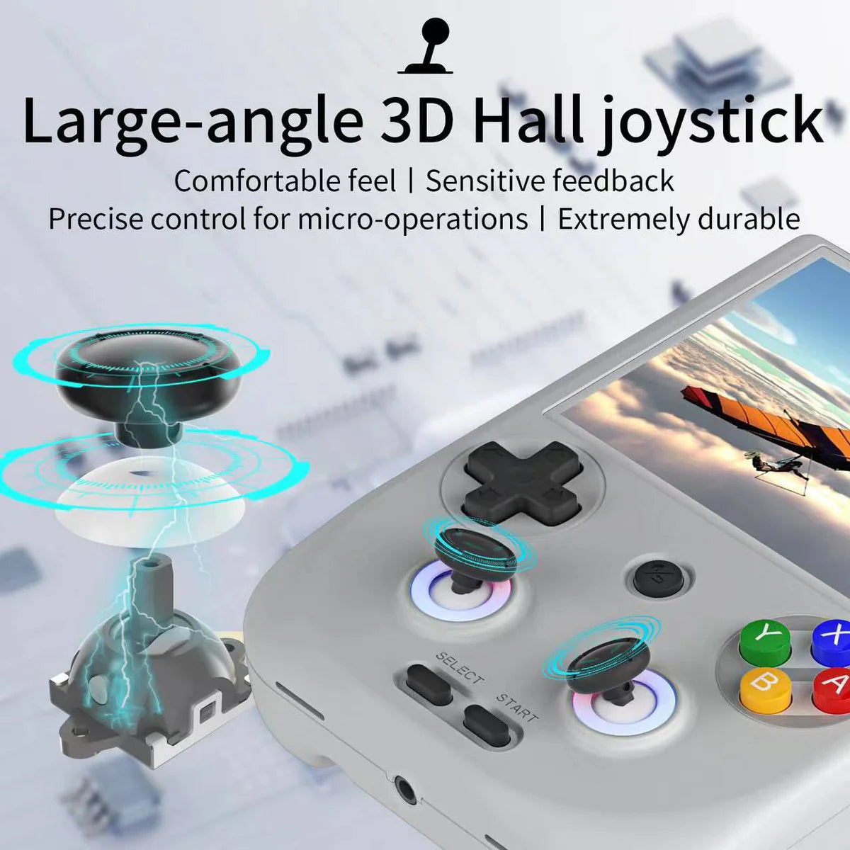 3D joystick with text highlighting features on a blurred background