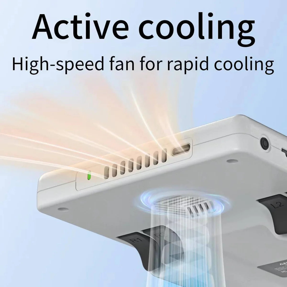 High-speed fan with active cooling feature on a blue background