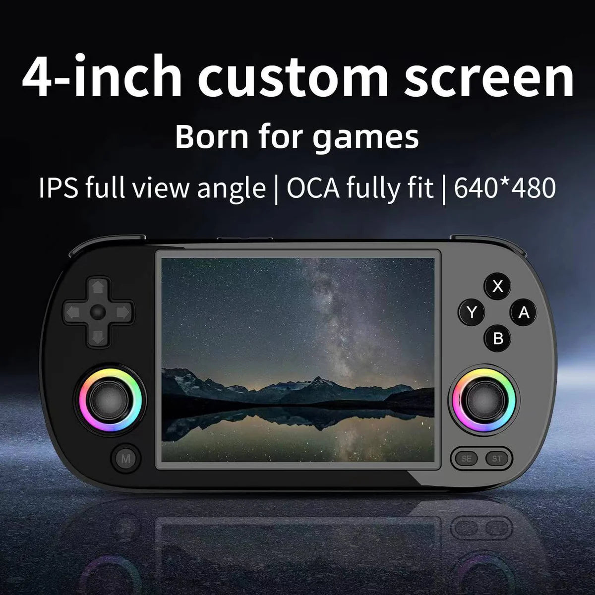 Handheld gaming console with 4-inch custom screen displaying a night sky scene, on a dark background.