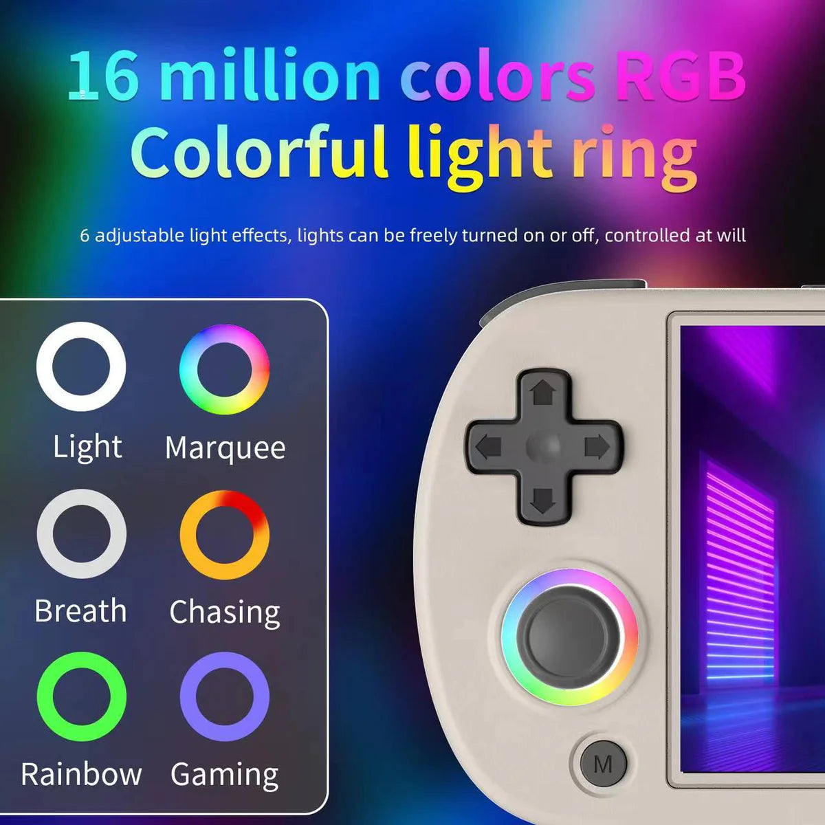 Gaming console with RGB light ring and color options on a dark background