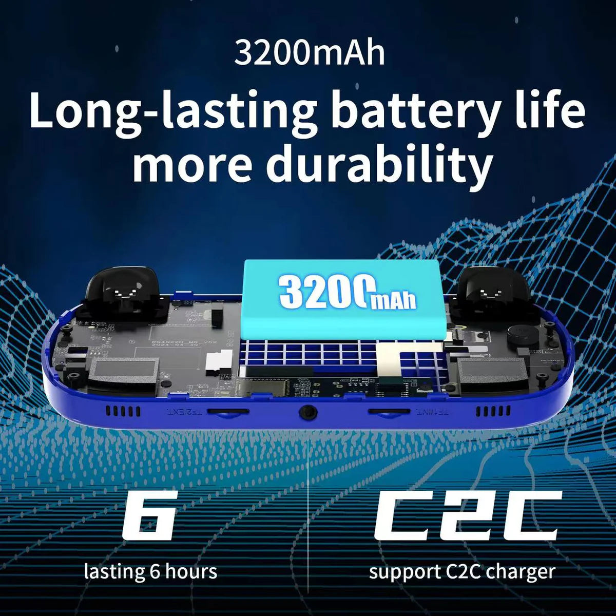 Battery pack with '3200mAh' label on a blue and black background, featuring text about battery life and charging support.