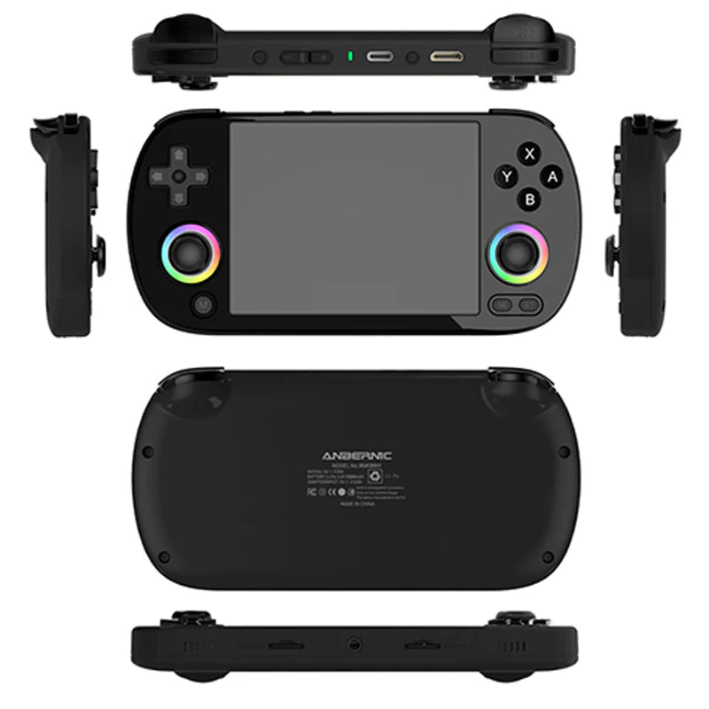 Black handheld gaming console with RGB lighting on a white background