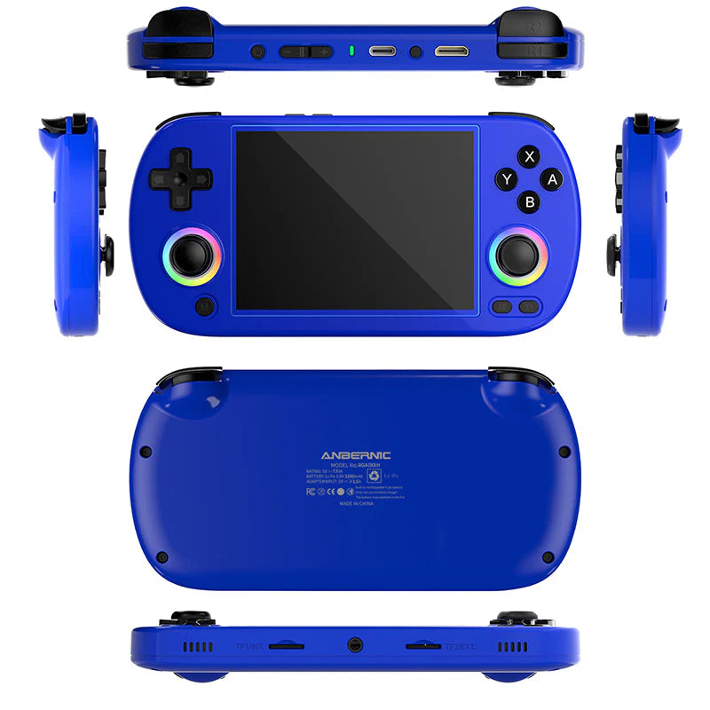 Blue handheld gaming console with multiple views on a white background