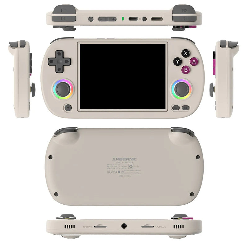 Handheld gaming console with RGB lighting on a white background