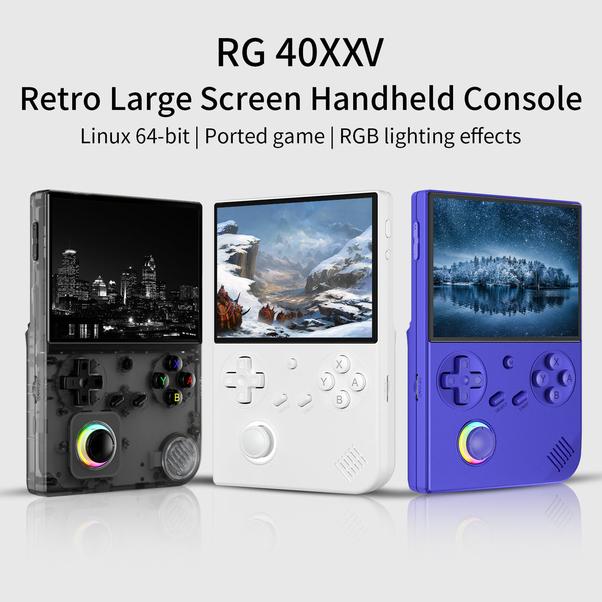 Three retro handheld consoles with screens displaying different images on a white background.