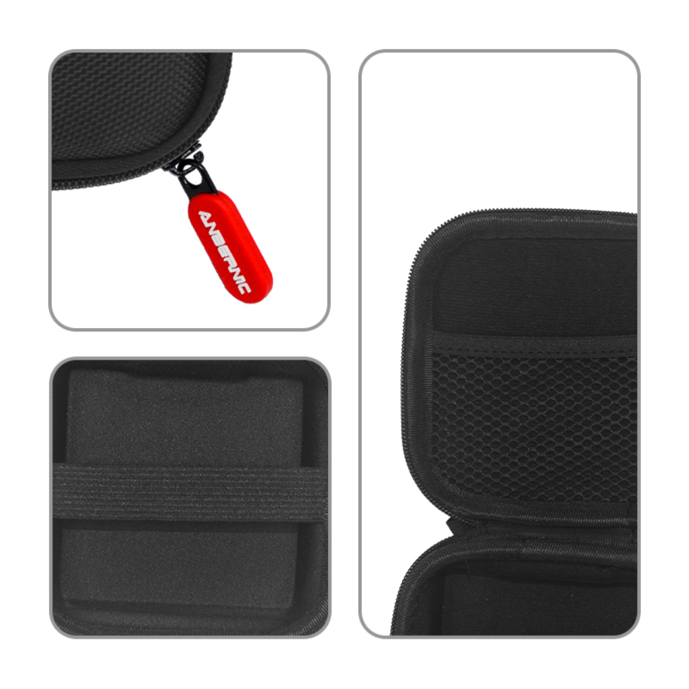 Black handheld console with a red logo on a white background