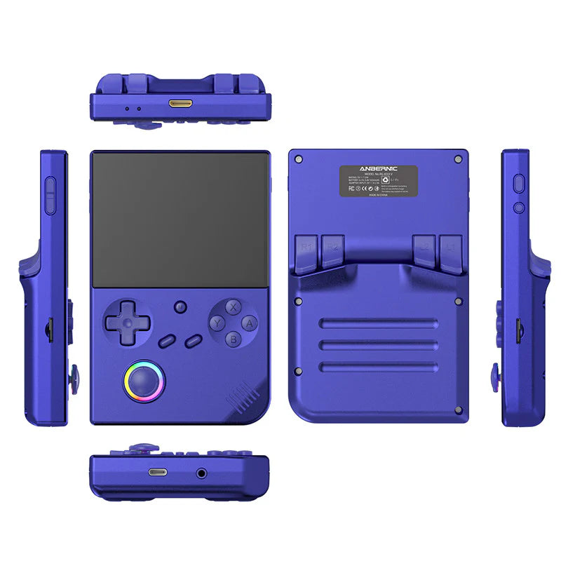 Blue handheld gaming console with multiple views on a white background