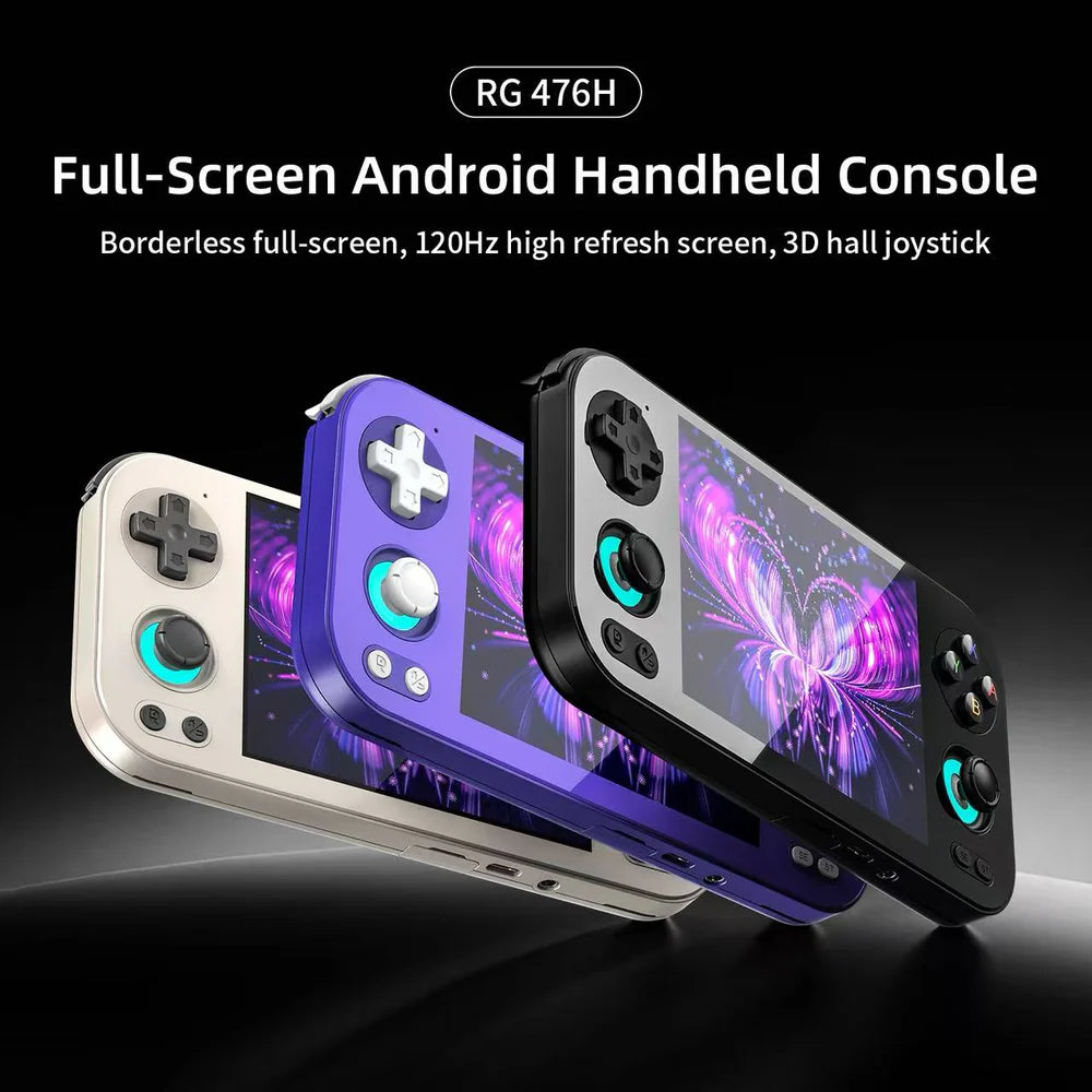 Full-screen Android handheld console with colorful screens and controls on a dark background