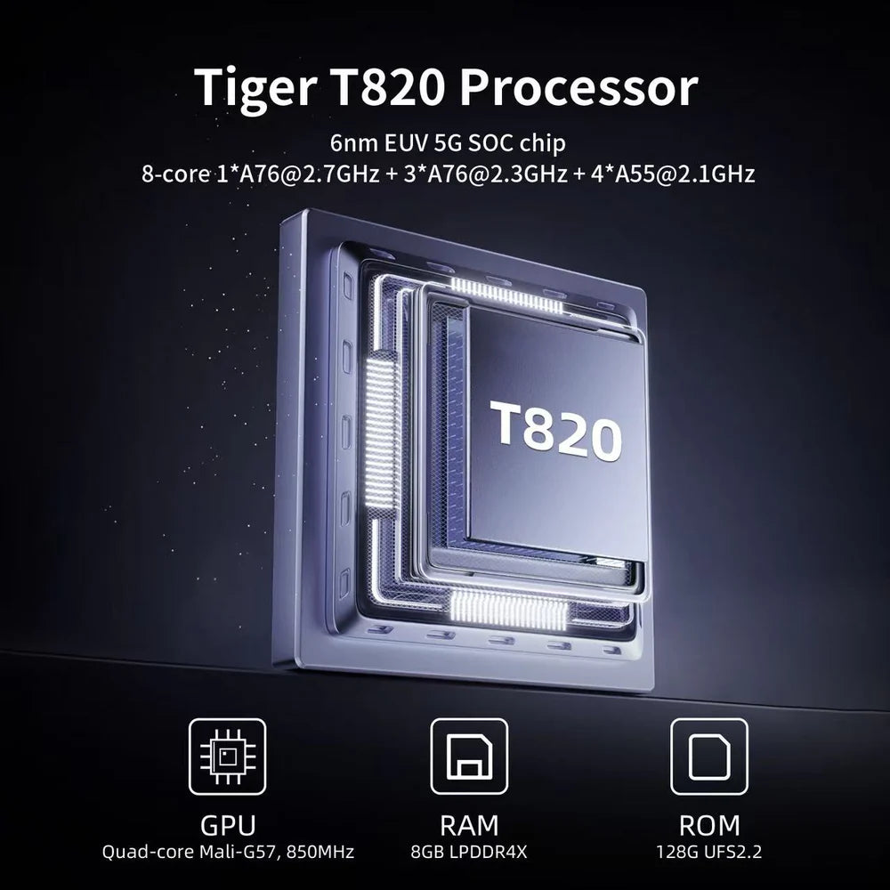 Tiger T820 processor with specifications on a dark background