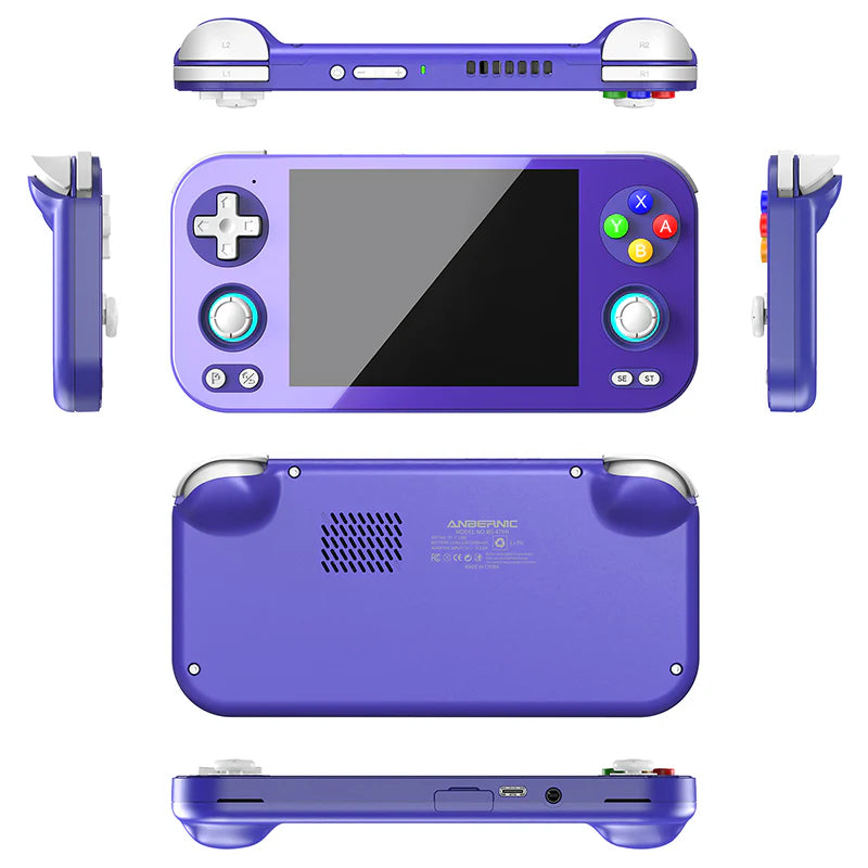 Purple handheld gaming console with controller on a white background