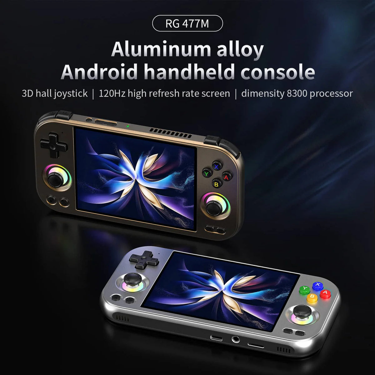 Aluminum alloy Android handheld console with colorful joystick on a dark background
