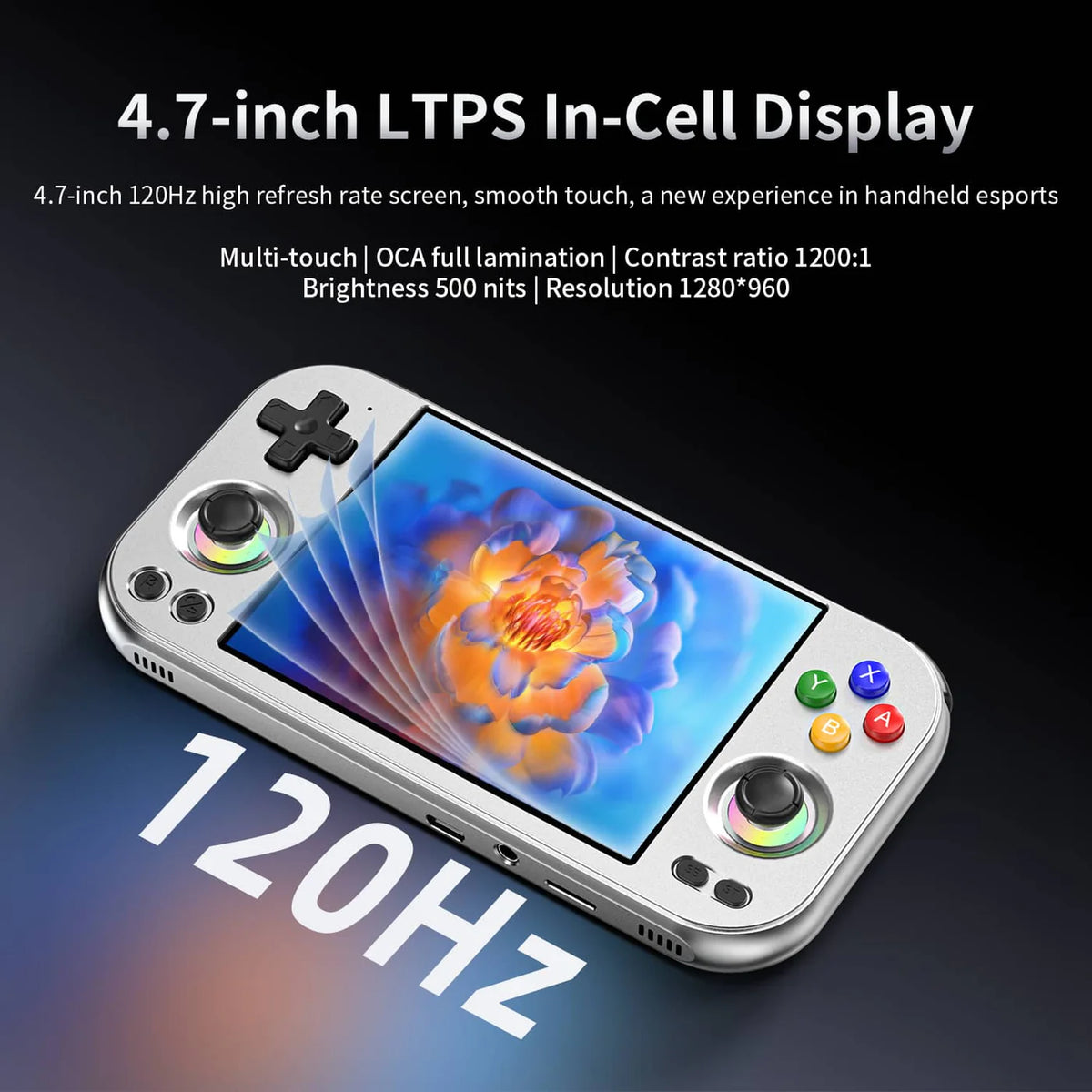 Handheld gaming device with 4.7-inch LTPS In-Cell Display on a dark background