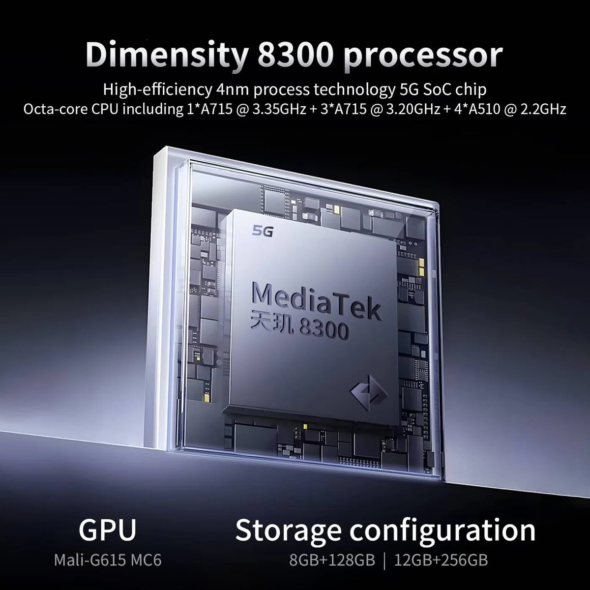 MediaTek Dimensity 8300 processor with specifications on a dark background