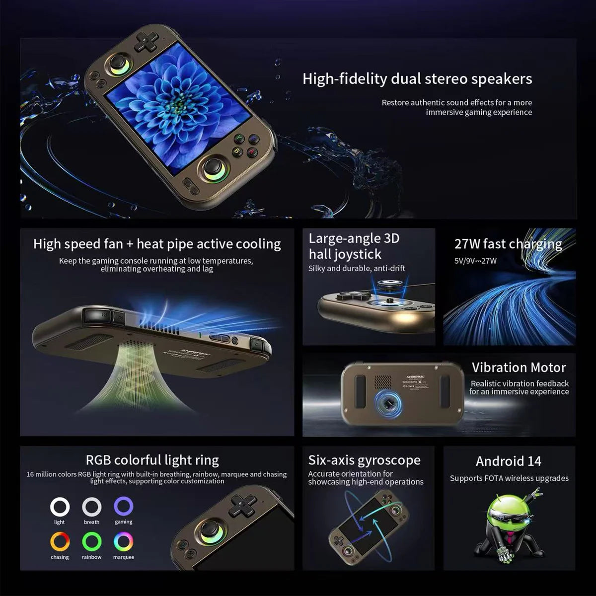 Gaming console with features highlighted on a dark background