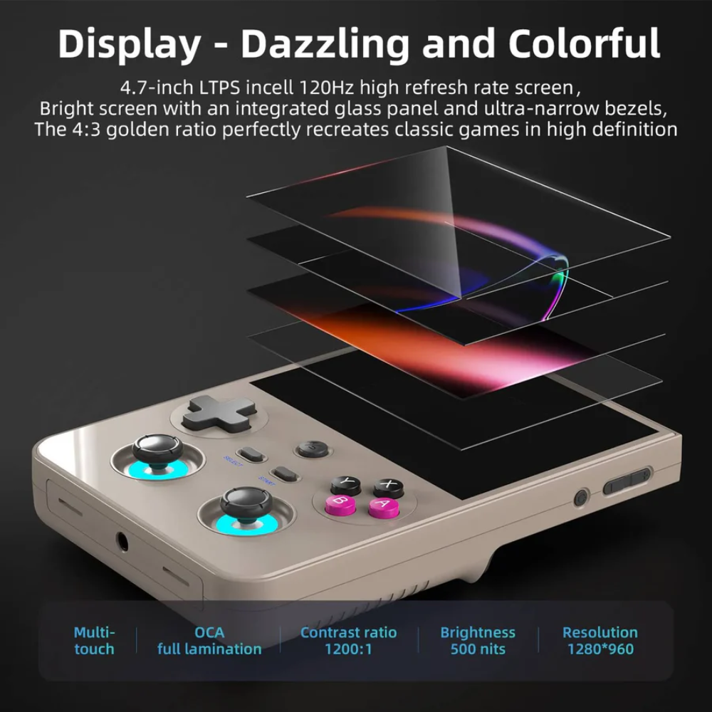 Handheld gaming console with transparent display showing screen layers on a dark background.