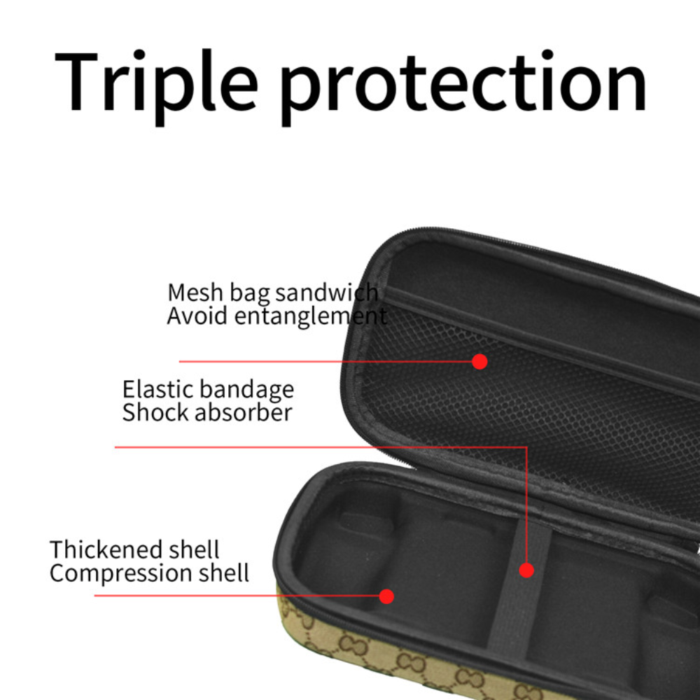 Black protective case with features labeled for triple protection on a white background