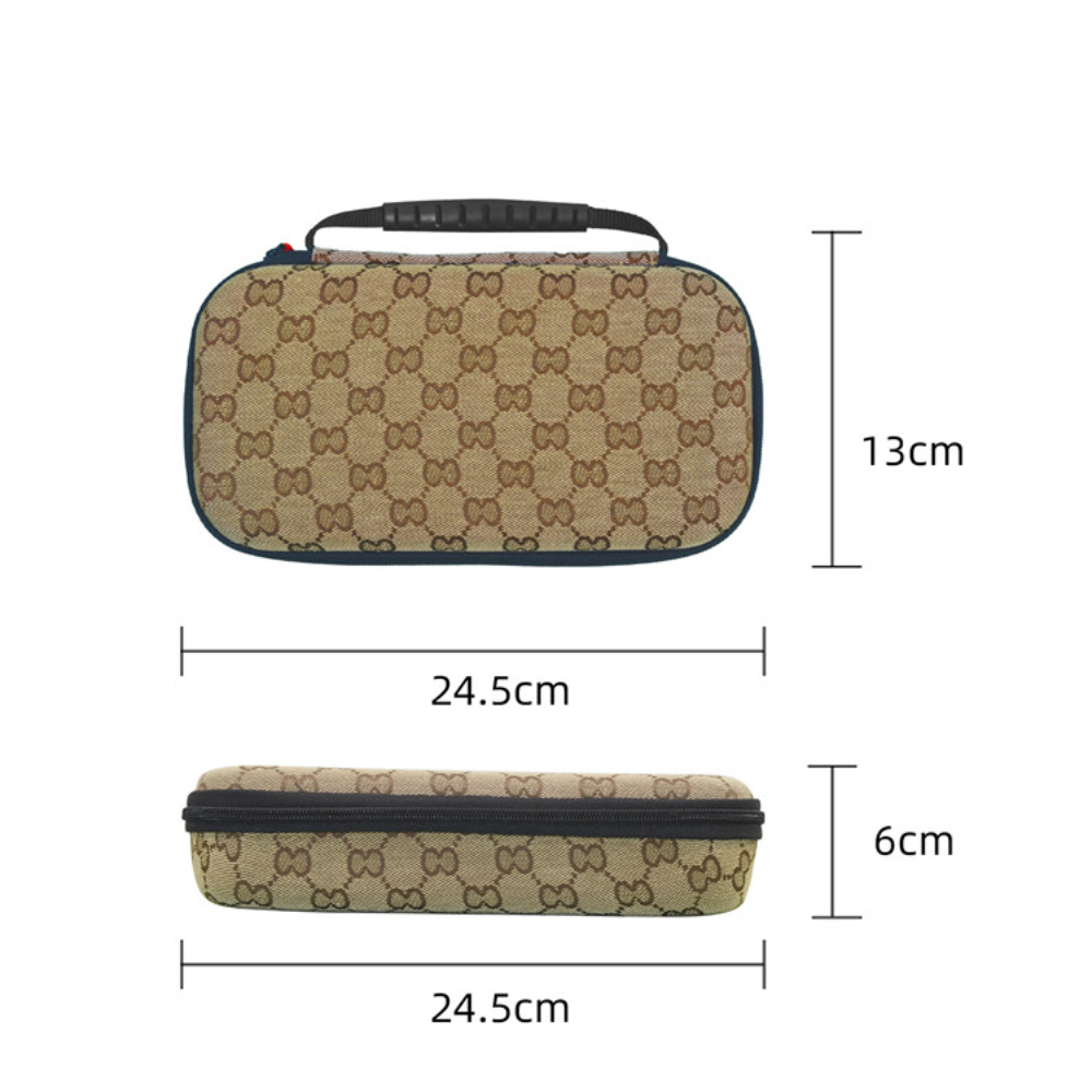 Beige patterned case with dimensions on a white background