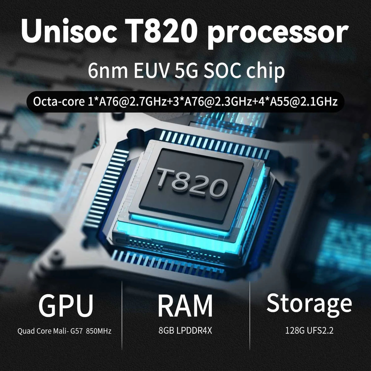 Unisoc T820 processor with technical specifications on a dark background