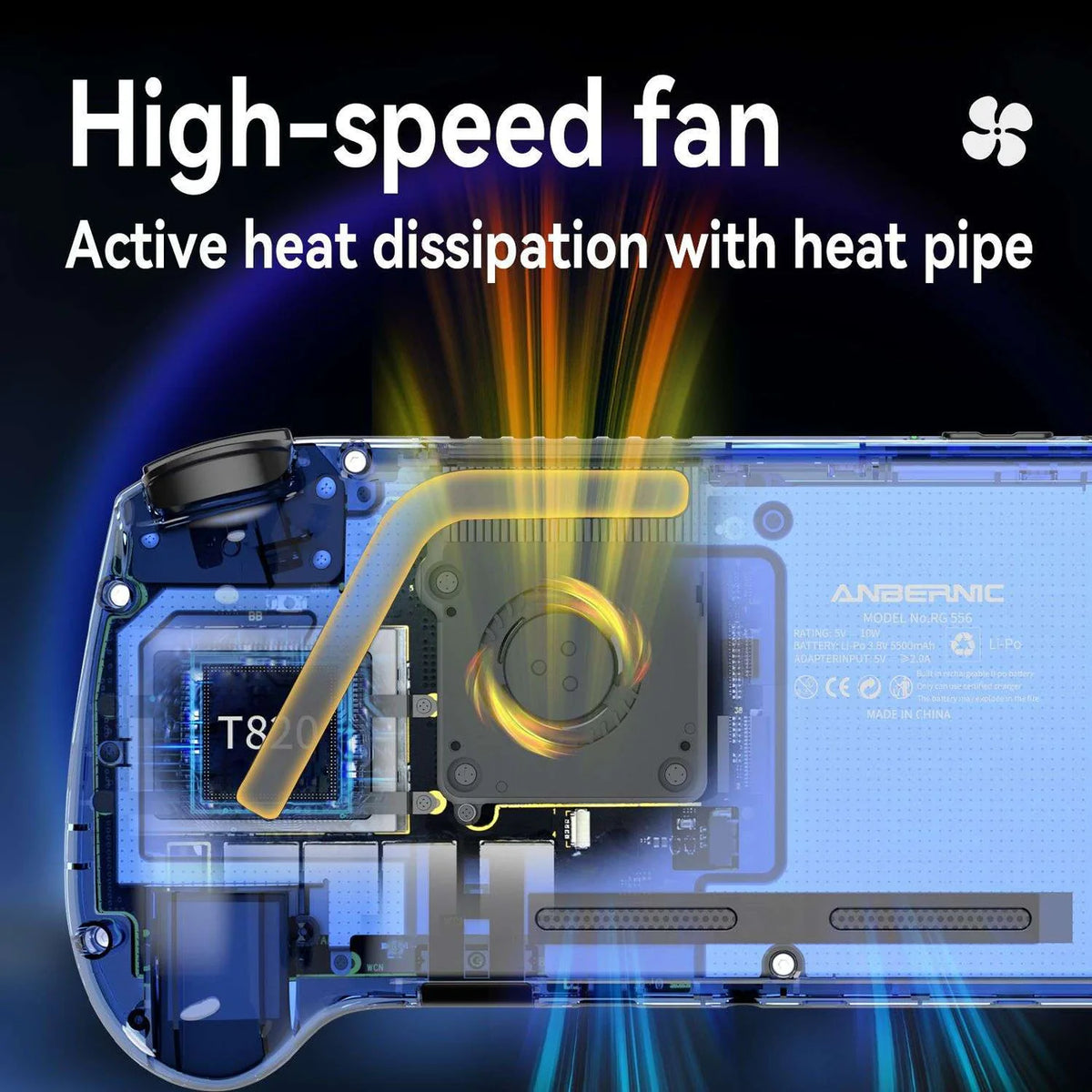 Computer High-speed fan Active heat dissipation with heat pipe.