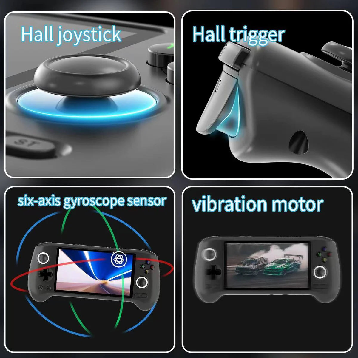 Collage of gaming controller parts including hall joystick, hall trigger, six-axis gyroscope sensor, and vibration motor.