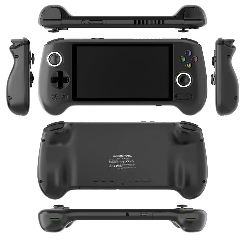 Black handheld gaming console with controller and screen on a white background