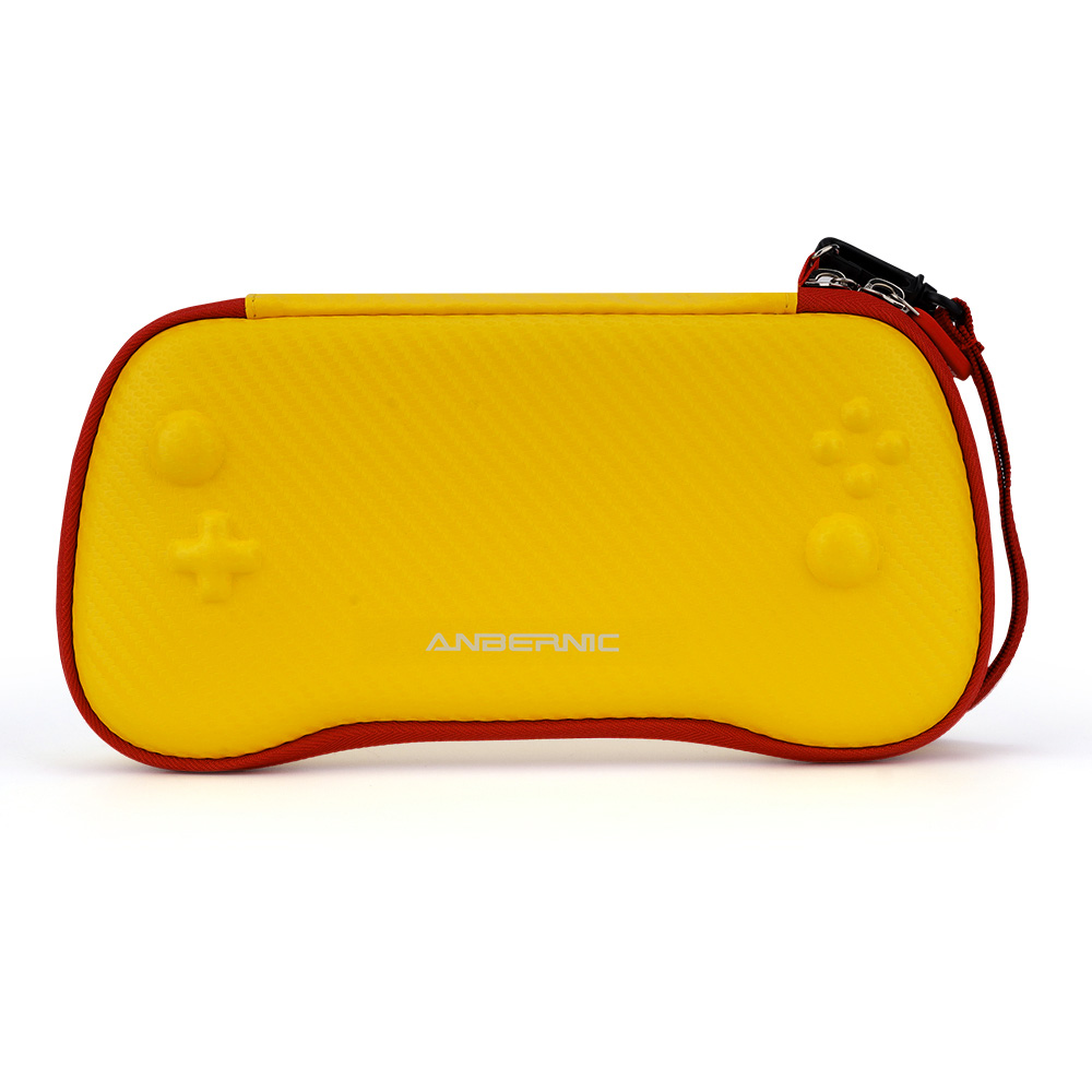Yellow handheld gaming console case with red accents on a white background