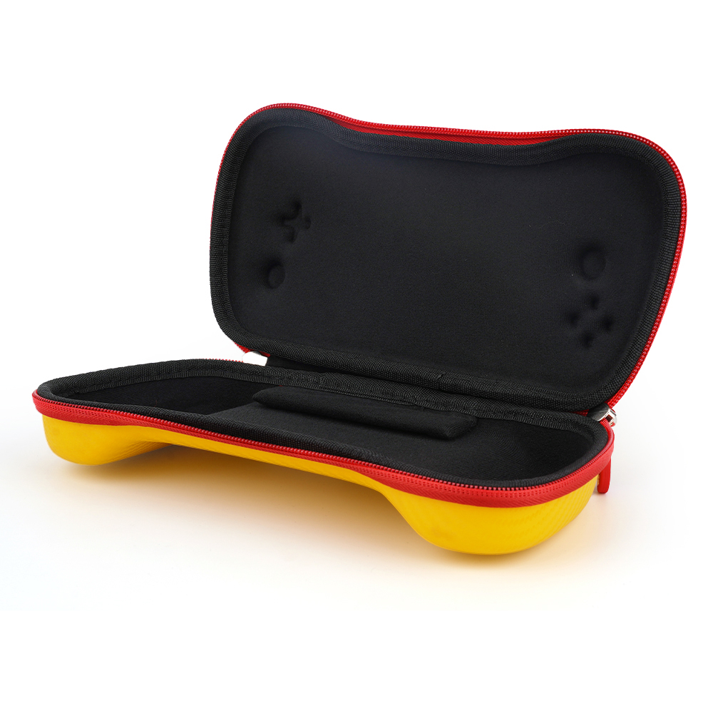 Black and yellow case with red zipper on a white background