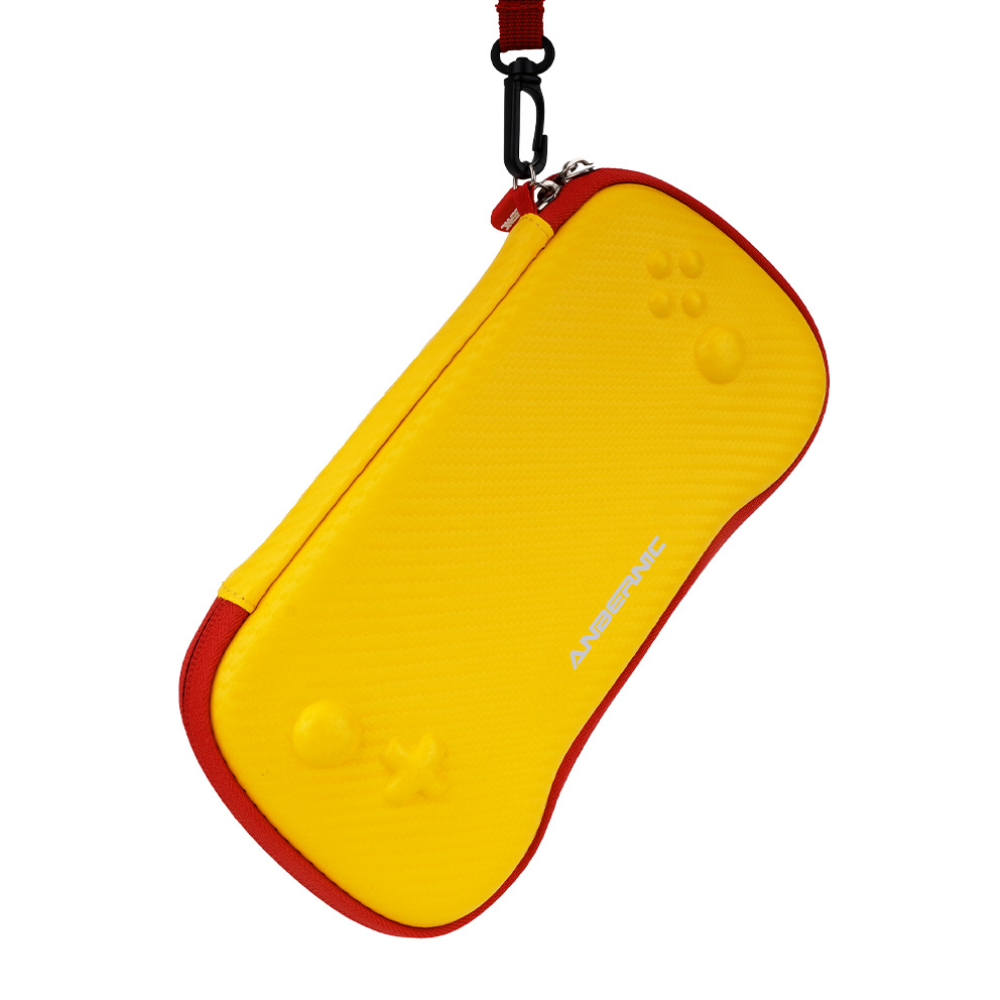 Yellow and red pouch with a strap on a white background