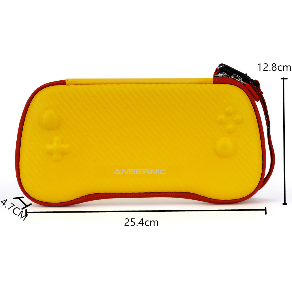 Yellow gaming console case with dimensions and Anbernic branding on a white background