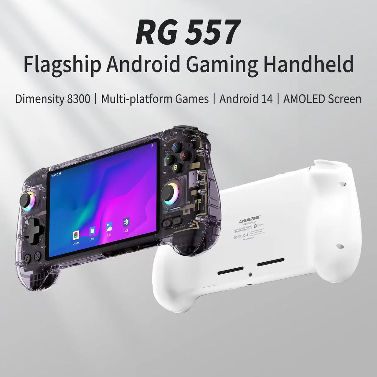 Flagship Android gaming handheld device RG 557 with specifications on a gray background
