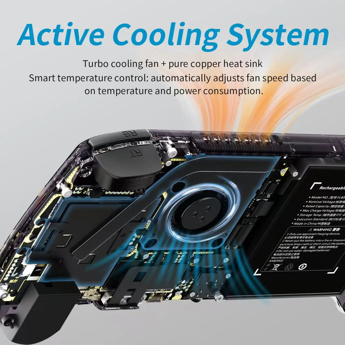 Active cooling system with turbo cooling fan and pure copper heat sink on a gray background