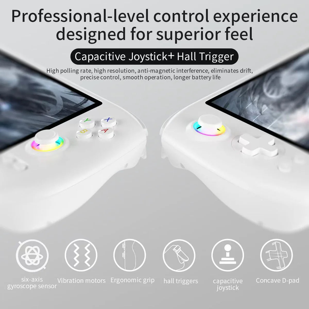 Two gaming controllers with text highlighting features like capacitive joystick and hall trigger.