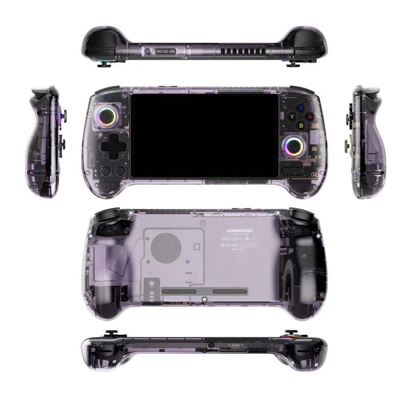 Transparent gaming console with controller on a white background
