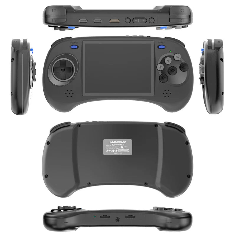 Black handheld gaming console with multiple views on a white background