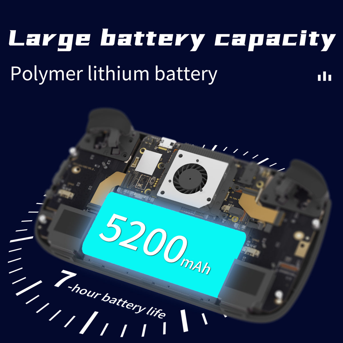 Battery pack with '5200 mAh' label and text about large battery capacity on a dark background