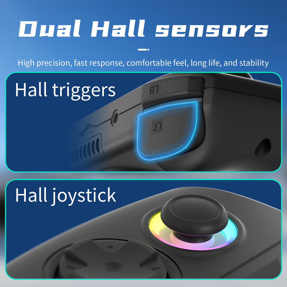 Close-up of gaming controller with dual hall sensors highlighted on a blue background