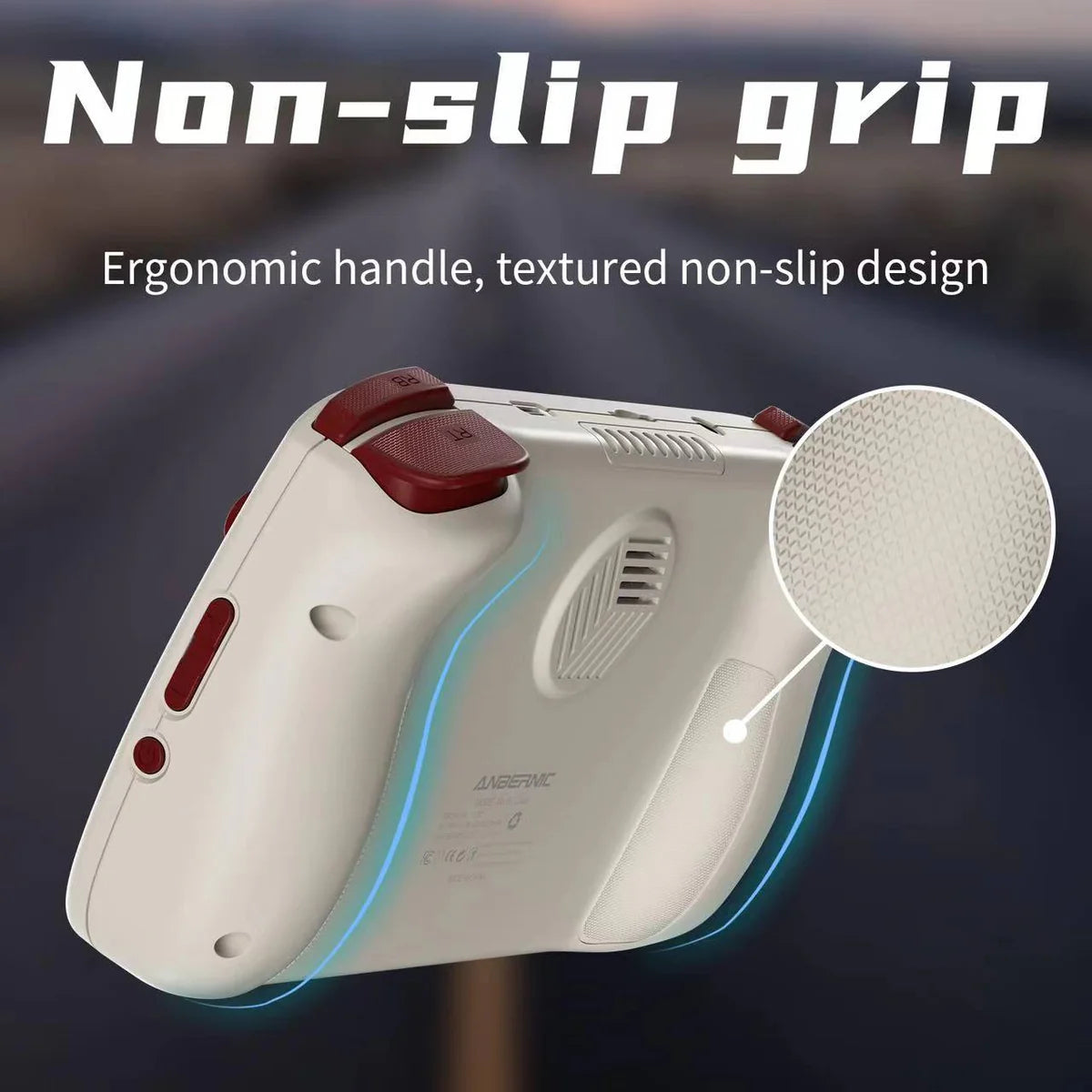 White and red device with non-slip grip feature on a blurred background