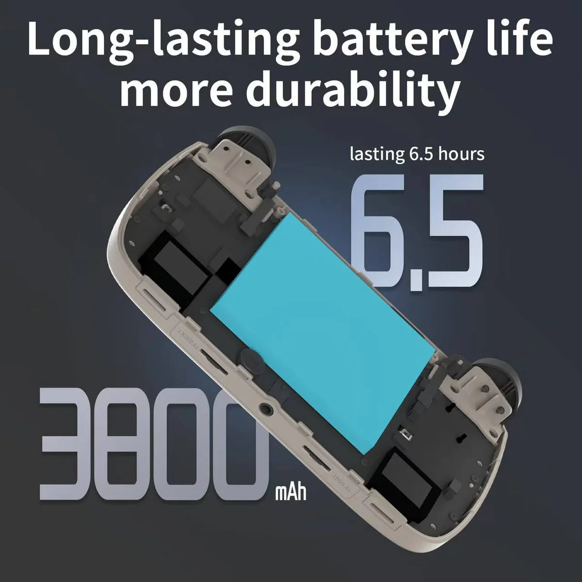 Phone battery with text highlighting long-lasting battery life and durability