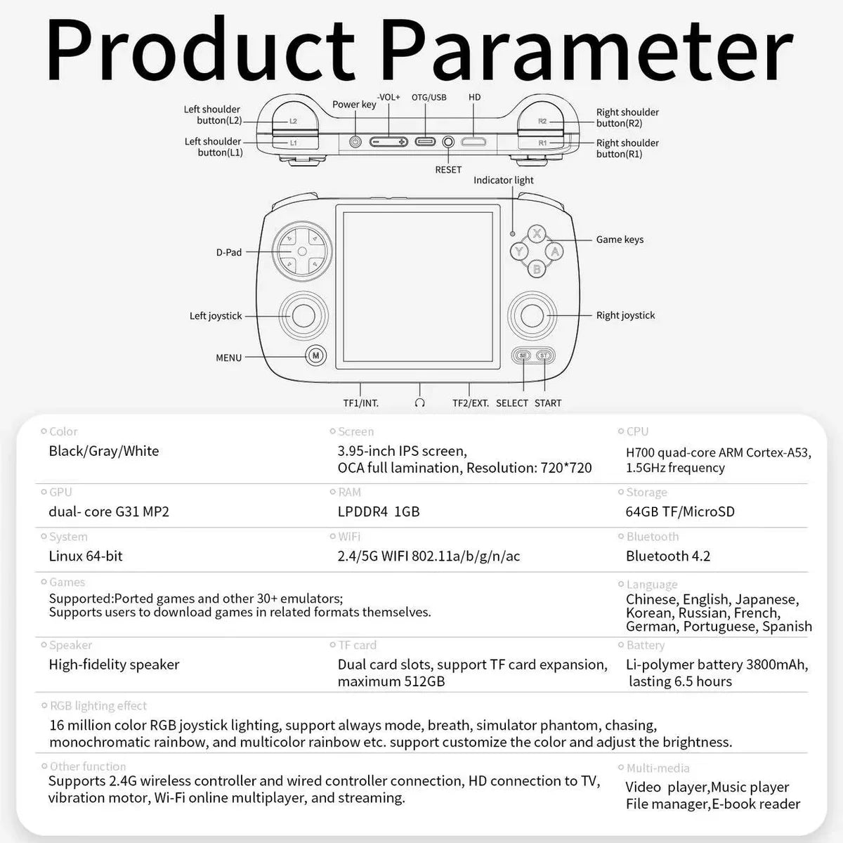 Technical diagram of a handheld gaming device with specifications listed.