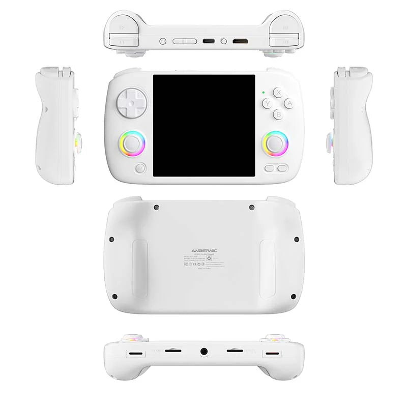 White handheld gaming console with controller on a white background