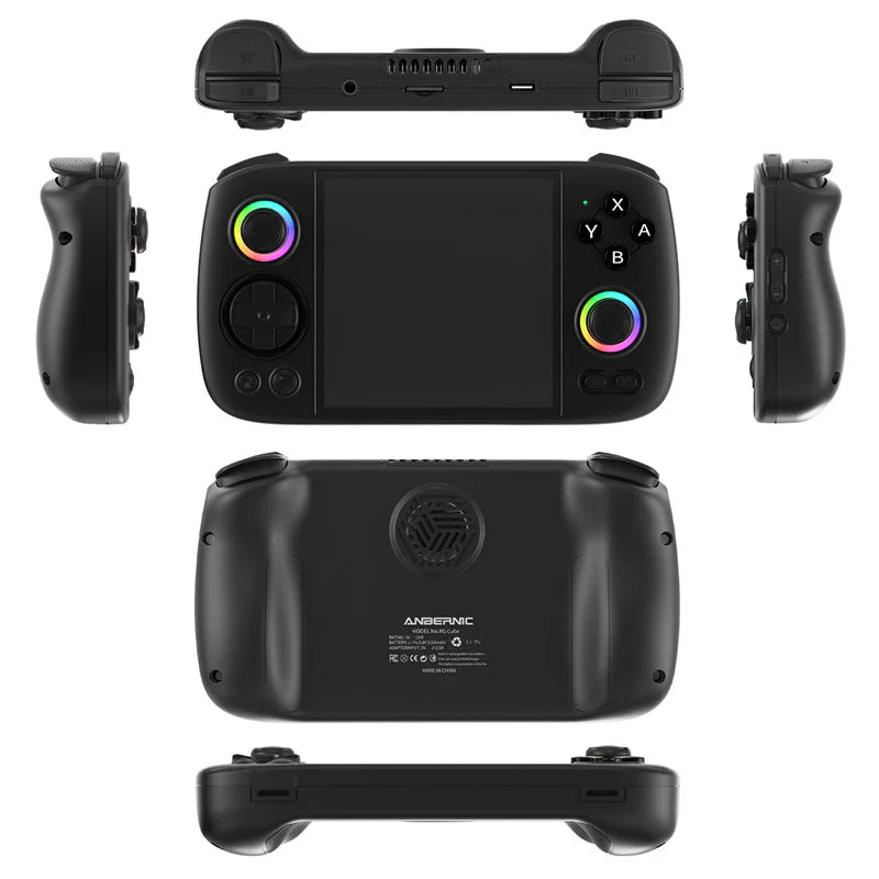 Black handheld gaming console with RGB lighting and controller attachments on a white background