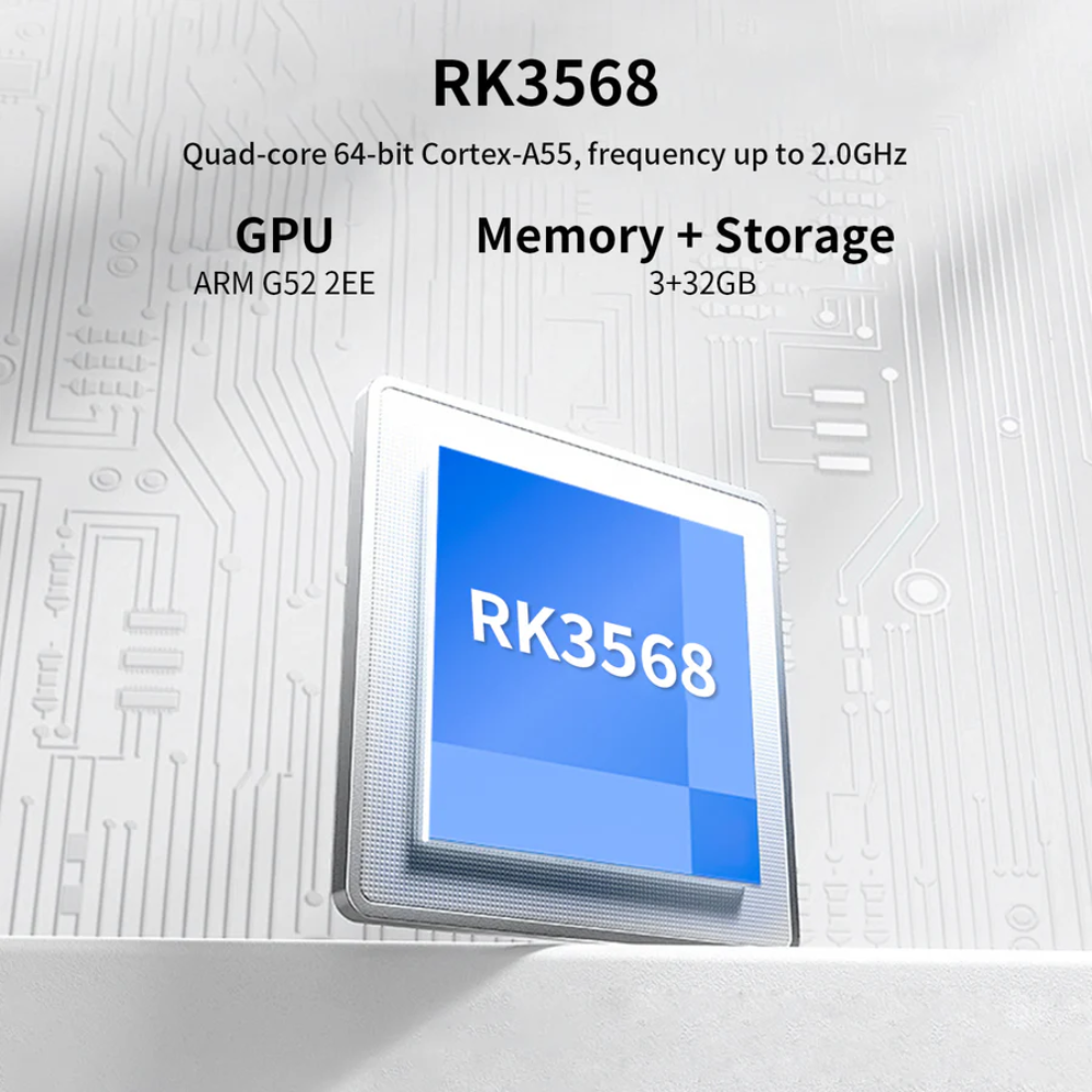 RK3568 processor chip with specifications on a circuit board background