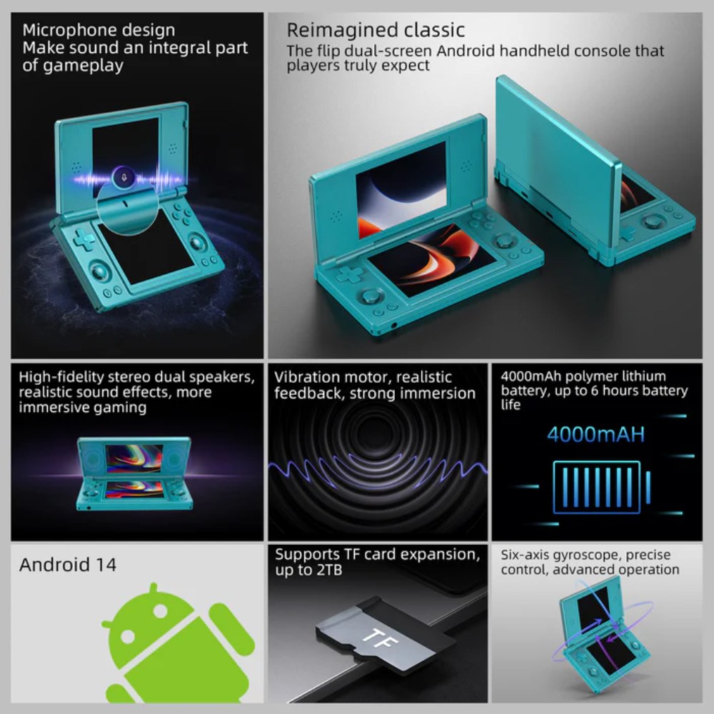 Teal handheld console with features listed on a gray background
