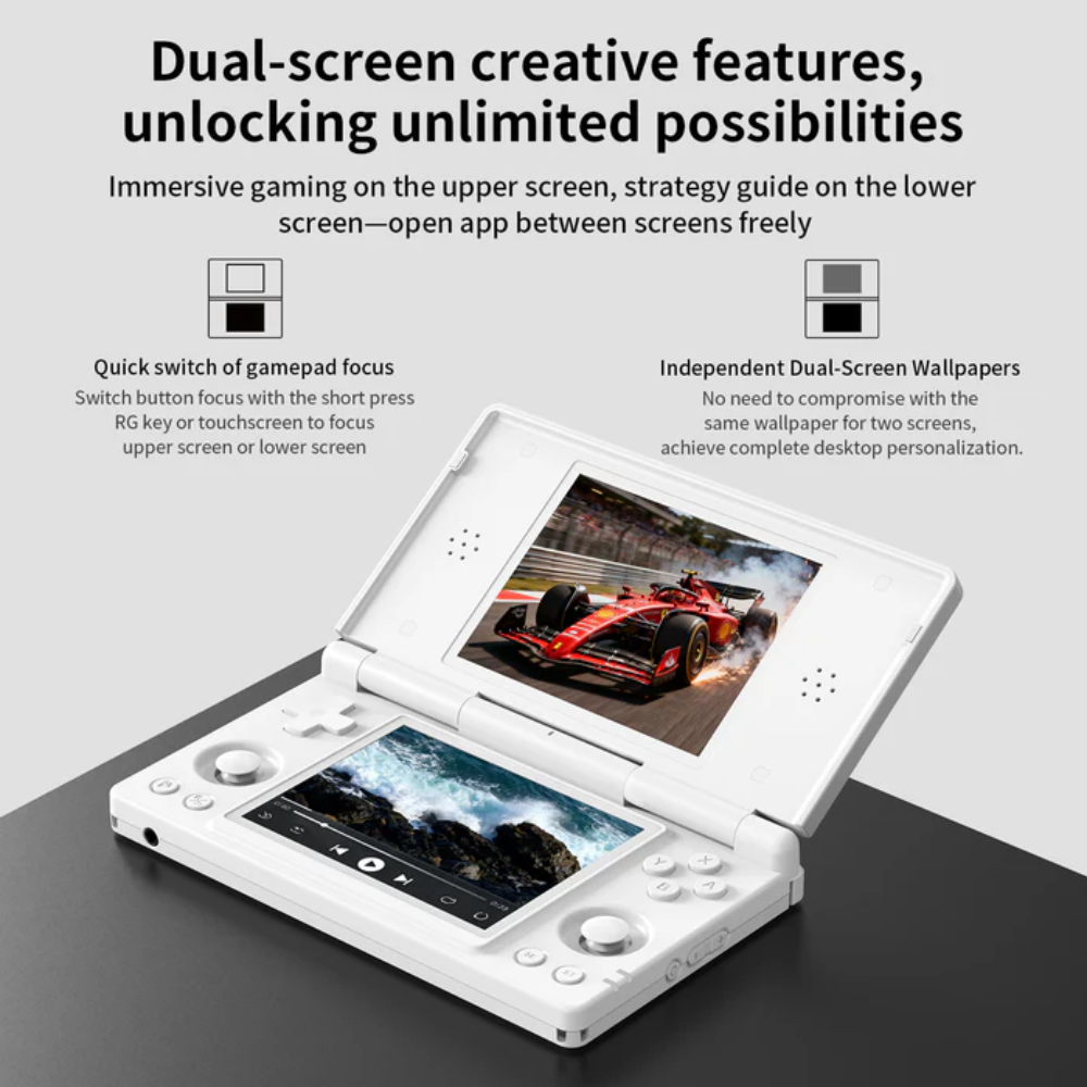 Dual-screen device with gaming and strategy guide on screens, featuring a racing game.