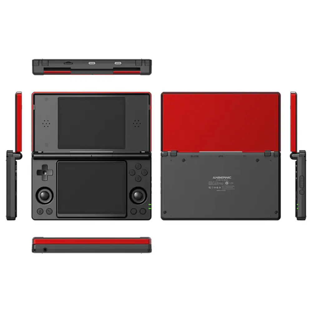 Black gaming console with red accents on a white background