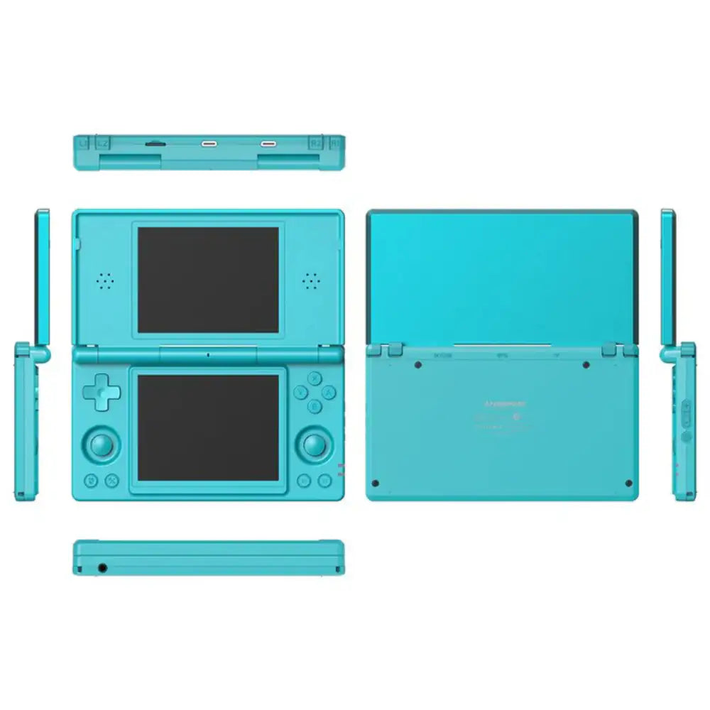 Turquoise Nintendo 3DS gaming console with all parts displayed on a white background