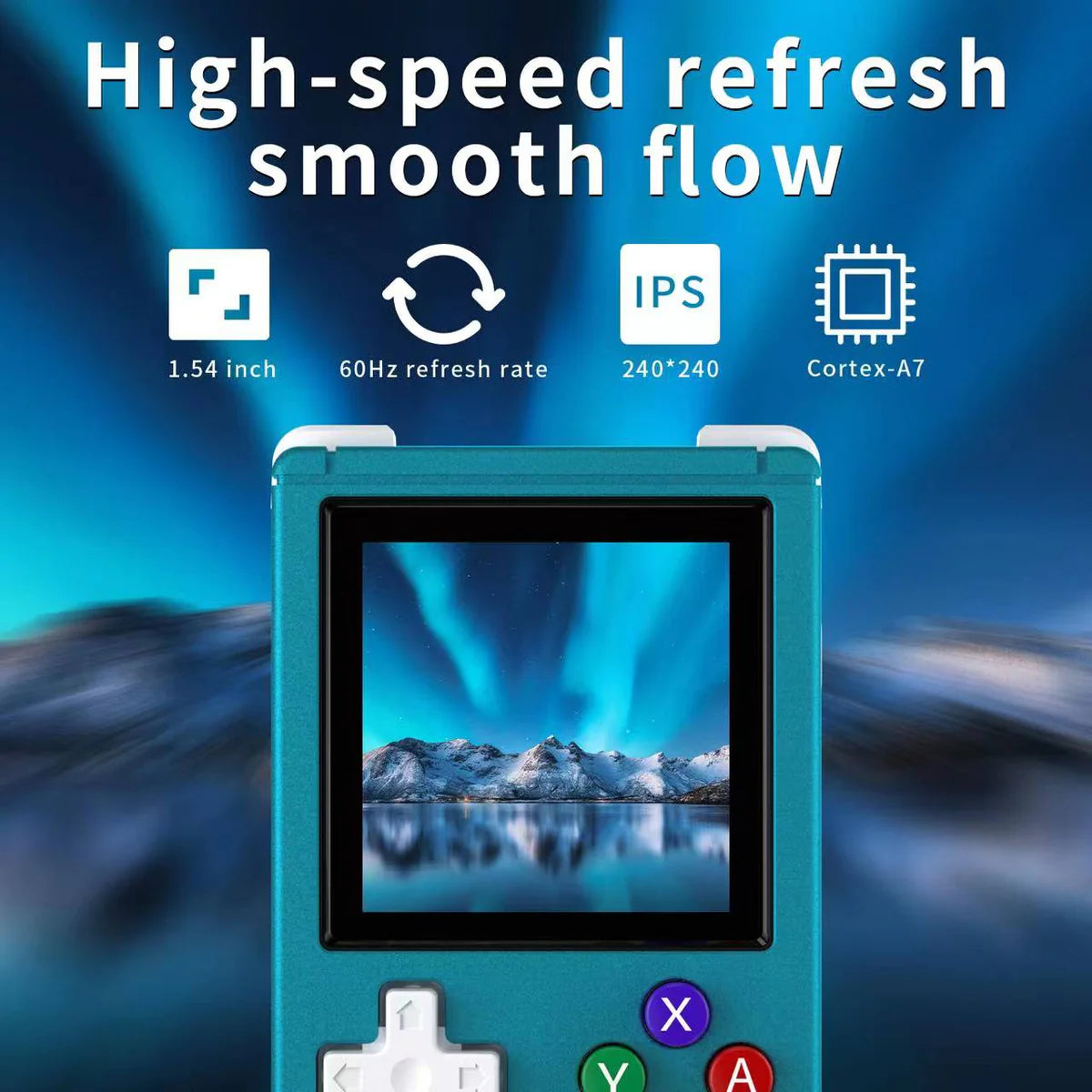 Teal handheld device with screen displaying mountain landscape, against a blue gradient background with text about refresh rate and display specifications.