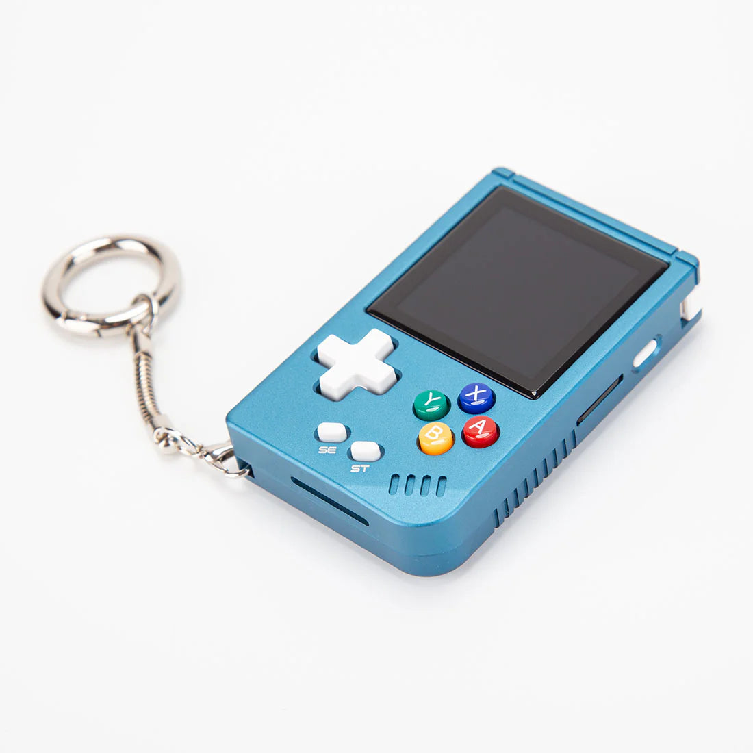 Blue handheld gaming console keychain on a white background