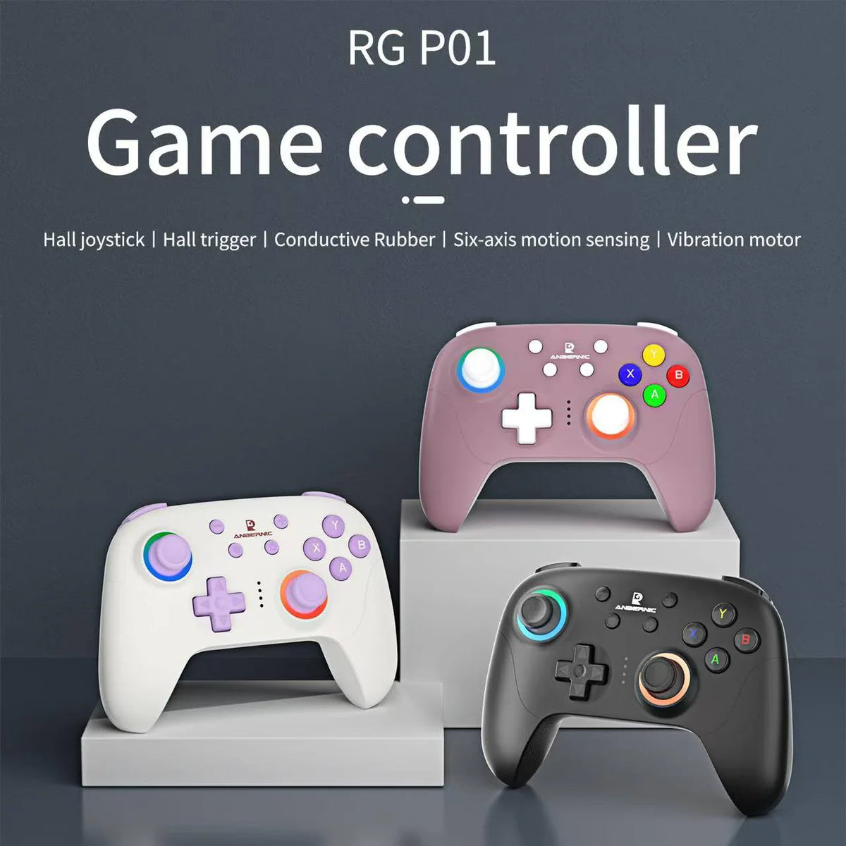 Three game controllers on stands with a dark background and text indicating features.